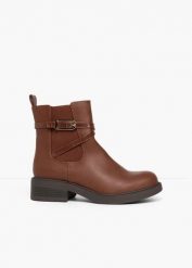 Sztyblety z klamrą. Brązowe botki damskie bonprix, bez wzorów, bez obcasa, bez zapięcia. Za 189.99 zł.