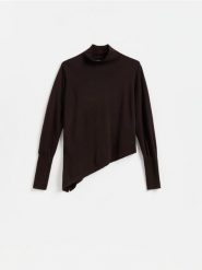 Sweter z asymetrycznym dołem - ciemnobrązowy. Brązowe swetry nierozpinane damskie Reserved, l, bez wzorów, z dzianiny, z asymetrycznym kołnierzem, bez ramiączek. Za 109.99 zł.