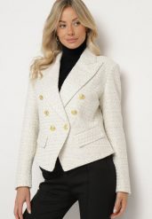 Jasnobeżowa Dwurzędowa Marynarka Taliowana w Tweedowym Stylu z Imitacją Kieszeni Liolia. Brązowe marynarki i żakiety damskie Born2be, bez wzorów, eleganckie, bez kołnierzyka, bez ramiączek. Za 229.99 zł.