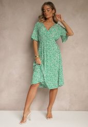Zielona Rozkloszowana Sukienka z Bawełny Zdobiona Kwiatowym Printem Arirelle. Zielone sukienki damskie Renee, na imprezę, na lato, l, z aplikacjami, z bawełny, eleganckie, bez kołnierzyka, bez ramiączek, midi, rozkloszowane. Za 49.99 zł.