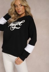 Czarna Bawełniana Bluza z Nadrukiem i Futrzaną Wstawką Koresa. Czarne bluzy damskie Renee, z aplikacjami, z bawełny, casualowe, bez ramiączek, bez kaptura. Za 84.99 zł.
