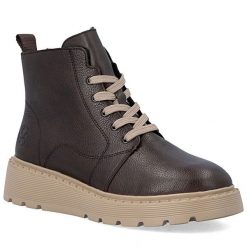 Skórzane botki damskie na klinie brązowe Rieker 70405-25. Brązowe botki damskie Rieker, bez wzorów, ze skóry, bez obcasa, bez zapięcia. Za 399.00 zł.