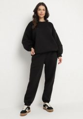 Czarny Komplet Dresowy Bluza i Joggery Podszyte Polarem Zibea. Czarne bluzy damskie Born2be, bez wzorów, z bawełny, bez ramiączek, bez kaptura. Za 169.99 zł.