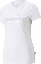 Puma Koszulka damska PUMA ESS+ METALLIC LOGO TEE PUMA WHITE-SILVER S. Białe bluzki damskie Puma, s, bez wzorów, bez kołnierzyka, bez ramiączek. Za 90.86 zł.
