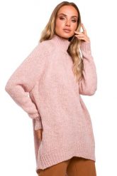 Pudrowy Luźny Sweter z Półgolfem. Białe swetry nierozpinane damskie MOE, l, bez wzorów, z materiału, bez kołnierzyka, bez ramiączek. Za 219.90 zł.