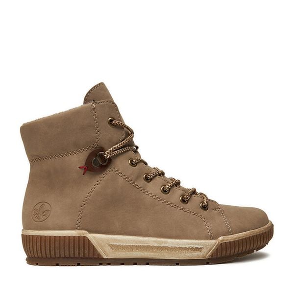 Trzewiki Rieker. Brązowe botki damskie Rieker, bez wzorów, bez obcasa, na płaskiej podeszwie, bez zapięcia. Za 309.99 zł.