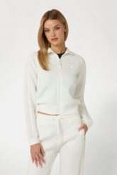 GUESS Biała bluza damska z lampasami New Allie Scuba. Białe bluzy damskie Guess, s, z aplikacjami, z materiału, bez ramiączek, bez kaptura. W wyprzedaży za 217.99 zł.