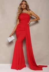 Czerwona Sukienka Maxi bez Ramiączek z Ozdobnym Trenem i Marszczeniem Kaliel. Czerwone sukienki damskie Renee, l, bez wzorów, eleganckie, bez kołnierzyka, bez ramiączek, maxi. Za 149.99 zł.