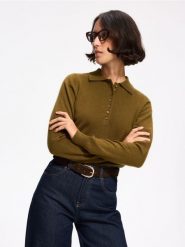 Sweter z dodatkiem wełny - oliwkowy. Zielone swetry nierozpinane damskie Reserved, l, bez wzorów, z dzianiny, bez kołnierzyka, bez ramiączek. Za 139.99 zł.
