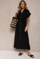 Czarna Sukienka z Wiskozy i Lnu o Koszulowym Kroju z Paskiem Efralissea. Czarne sukienki damskie Renee, na co dzień, l, bez wzorów, z wiskozy, eleganckie, bez kołnierzyka, bez ramiączek, maxi, koszulowe. Za 109.99 zł.