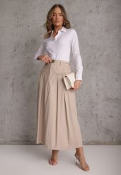 Beżowa Rozkloszowana Spódnica z Wiskozy Zdobiona Plisami i Paskiem Durklea. Brązowe spódnice damskie Renee, na co dzień, m, z aplikacjami, z wiskozy, eleganckie, maxi, oversize. Za 119.99 zł.