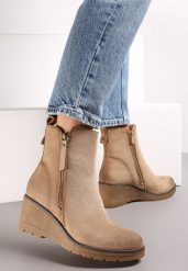 Beżowe Botki na Koturnie z Ozdobnym Suwakiem Houtanie. Brązowe botki damskie Renee, bez wzorów, eleganckie, bez obcasa, na koturnie, bez zapięcia. Za 149.99 zł.