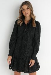 Czarna Sukienka Toppey. Czarne sukienki damskie Born2be, s, w ażurowe wzory, z koronki, boho, bez kołnierzyka, bez ramiączek, mini. Za 209.99 zł.