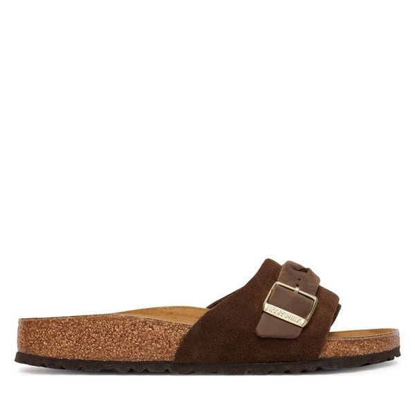Klapki Birkenstock. Brązowe klapki damskie Birkenstock, bez wzorów, bez obcasa, bez zapięcia. Za 474.99 zł.