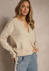 Beżowy Klasyczny Kardigan z Zaokrąglonym Dekoltem Reonira. Brązowe kardigany damskie Renee, l, bez wzorów, z jeansu, klasyczne, bez kołnierzyka. Za 149.99 zł.
