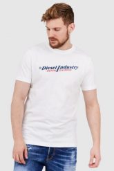DIESEL Biały t-shirt męski z granatowym logo. Białe t-shirty męskie Diesel, l, bez wzorów, prążkowane, bez kołnierzyka, bez ramiączek. W wyprzedaży za 299.99 zł.