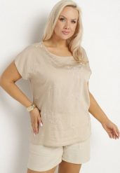 Beżowa Bluzka z Krótkim Luźnym Rękawem Mepola. Brązowe bluzki damskie Born2be, plus size, bez wzorów, z jeansu, eleganckie, bez kołnierzyka, plus size, bez ramiączek. Za 39.99 zł.