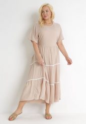 Beżowa Rozkloszowana Sukienka Maxi Wiązana z Tyłu Zathia. Brązowe sukienki damskie Born2be, xl, w ażurowe wzory, z materiału, bez kołnierzyka, bez ramiączek, maxi, rozkloszowane. Za 74.99 zł.