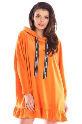 Przedłużona Bluza Welurowa z Falbanką - Pomarańczowa. Brązowe bluzy damskie Awama, uniwersalny, bez wzorów, z elastanu, bez ramiączek, bez kaptura. Za 269.90 zł.