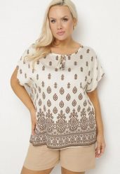 Biało-Brązowa Bluzka w Boho Wzór z Wiązaniem przy Dekolcie Jenalia. Brązowe bluzki damskie Born2be, xl, bez wzorów, z jeansu, boho, bez kołnierzyka, bez ramiączek. Za 39.99 zł.