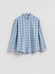 Koszula regular fit w kratę - niebieski. Niebieskie koszule męskie Reserved, l, bez wzorów, z bawełny, bez kołnierzyka, bez ramiączek. Za 119.99 zł.