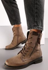 Ciemnobeżowe Botki Sznurowane z Zamkiem Hiyab. Brązowe botki damskie Renee, bez wzorów, z jeansu, eleganckie, bez obcasa, na obcasie, bez zapięcia. Za 139.99 zł.
