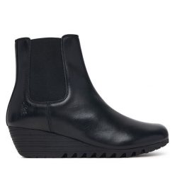Botki Fly London. Czarne botki damskie Fly London, bez wzorów, bez obcasa, na koturnie, bez zapięcia. Za 639.99 zł.
