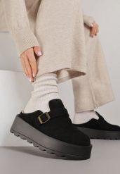 Czarne Śniegowce na Grubej Podeszwie z Niską Cholewką i Ozdobną Klamerką Vetibela. Czarne śniegowce damskie Renee, z jeansu, przed kostkę, bez zapięcia. Za 119.99 zł.