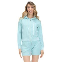 Damska bluza frotte Silence Work. Niebieskie bluzy damskie LEONE 1947 APPAREL, l, bez wzorów, z tkaniny, sportowe, bez ramiączek, bez kaptura. W wyprzedaży za 139.75 zł.