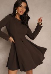 Brązowa Rozkloszowana Sukienka o Klasycznym Kroju Temiriela. Brązowe sukienki damskie Renee, na co dzień, m, bez wzorów, eleganckie, bez kołnierzyka, bez ramiączek, mini, proste. Za 109.99 zł.