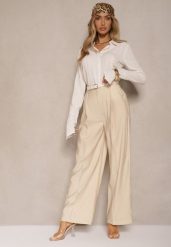 Jasnobeżowe Garniturowe Spodnie High Waist o Szerokim Kroju Efrase. Brązowe spodnie materiałowe damskie Renee, bez wzorów, z jeansu, z podwyższonym stanem. Za 89.99 zł.