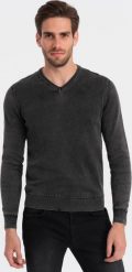 Ombre Washowany sweter męski z dekoltem w serek - czarny V1 OM-SWOS-0108 S. Czarne swetry męskie Ombre, m, bez wzorów, bez kołnierzyka, bez ramiączek. Za 139.99 zł.