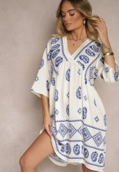 Niebiesko-Biała Sukienka z Wiskozy w Stylu Boho Virisna. Niebieskie sukienki damskie Renee, na imprezę, na lato, l, z aplikacjami, z wiskozy, boho, bez kołnierzyka, bez ramiączek, midi. Za 49.99 zł.