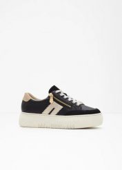 Sneakersy Rieker na platformie, skórzane. Czarne obuwie sportowe damskie bonprix, bez wzorów, ze skóry, bez zapięcia. Za 339.99 zł.