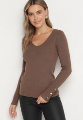 Beżowy Sweter z Dekoltem V i Ozdobnymi Guzikami na Rękawach Atterisa. Brązowe swetry nierozpinane damskie Born2be, m, bez wzorów, z jeansu, bez kołnierzyka, bez ramiączek. Za 89.99 zł.