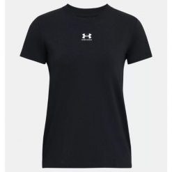 Koszulka damska Under Armour Rival Core SS. Czarne bluzki damskie Under Armour, s, bez wzorów, sportowe, bez kołnierzyka, bez ramiączek. Za 91.79 zł.