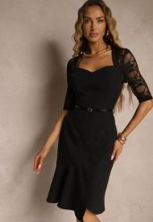 Czarna Dopasowana Sukienka Vices o Asymetrycznym Fasonie Zdobiona Koronką Natileira. Czarne sukienki damskie Renee, na spotkanie biznesowe, l, z aplikacjami, z koronki, eleganckie, z asymetrycznym kołnierzem, bez ramiączek, midi, asymetryczne. Za 89.99 zł.