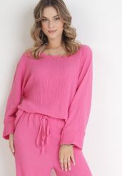 Różowa Bluzka z Szerokim Rękawem 7/8 Paulet. Czerwone bluzki damskie Born2be, bez wzorów, eleganckie, bez kołnierzyka, bez ramiączek. Za 69.99 zł.