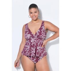 Damskie Góra od tankini miękkie miseczki nadruk na całej powierzchni drapowanie. Fioletowe stroje kąpielowe damskie Ulla Popken, plus size, bez wzorów, z elastanu. Za 199.99 zł.