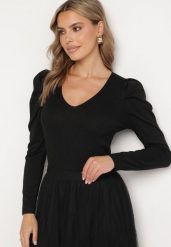 Czarny Sweter z Wiskozą Metaliczną Nicią i Bufiastymi Rękawami Sanellia. Czarne swetry nierozpinane damskie Born2be, m, bez wzorów, z jeansu, biznesowe, bez kołnierzyka, bez ramiączek. Za 99.99 zł.