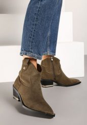 Ciemnozielone Botki Kowbojki z Ekozamszu z Niską Cholewką Zdobioną Nitami Riarosea. Zielone botki damskie Renee, z aplikacjami, z jeansu, boho, przed kostkę, bez obcasa, na obcasie, bez zapięcia. Za 129.99 zł.