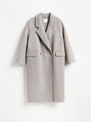 Płaszcz handmade z wełną - jasnoszary. Szare płaszcze damskie Reserved, l, bez wzorów, z tkaniny, bez kołnierzyka, bez kaptura. Za 499.99 zł.