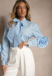 Niebieska Koszula z Elegancką Kokardą i Falbanami Zaliressa. Niebieskie koszule damskie Renee, bez wzorów, eleganckie, bez kołnierzyka, bez ramiączek. Za 109.99 zł.