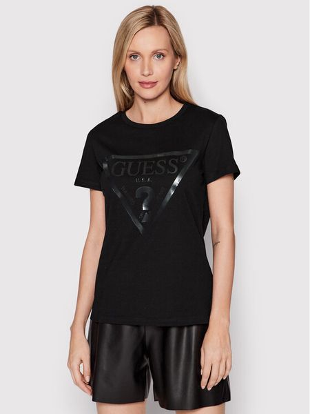 Guess T-Shirt V2YI07 K8HM0 Czarny Regular Fit. Czarne t-shirty damskie Guess, m, z aplikacjami, z bawełny, bez kołnierzyka, bez ramiączek. Za 175.00 zł.