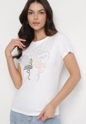 Biały T-shirt z Bawełny z Cyrkoniami i Nadrukiem Listebia. Białe t-shirty damskie Born2be, m, bez wzorów, z bawełny, klasyczne, bez kołnierzyka, bez ramiączek. Za 34.99 zł.