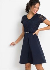 Sukienka mini z koronką i paskiem. Niebieskie sukienki damskie bonprix, bez wzorów, z koronki, eleganckie, bez kołnierzyka, bez ramiączek, mini. Za 147.99 zł.