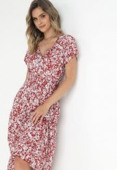Czerwona Bawełniana Sukienka w Kwiatki z Gumką w Talii i Guzikami Ronalika. Czerwone sukienki damskie Born2be, na co dzień, l, z aplikacjami, z bawełny, eleganckie, bez kołnierzyka, bez ramiączek, midi, rozkloszowane. Za 44.99 zł.