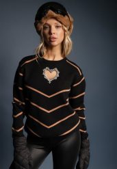 Brązowo-Czarny Sweter z Wiskozą w Paski Ozdobiony Wycięciem w Kształcie Serca z Cyrkoniami Temireli. Brązowe swetry nierozpinane damskie Renee, m, bez wzorów, z wiskozy, casualowe, bez kołnierzyka, bez ramiączek. Za 84.99 zł.