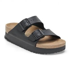 Klapki damskie Birkenstock Arizona Pap Flex Platform. Czarne klapki damskie Birkenstock, na lato, bez wzorów, z materiału, bez obcasa, bez zapięcia. Za 438.00 zł.