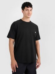4F T-shirt oversize gładki męski - czarny L. Czarne t-shirty męskie 4F, l, bez wzorów, z bawełny, bez kołnierzyka, bez ramiączek. W wyprzedaży za 59.99 zł.